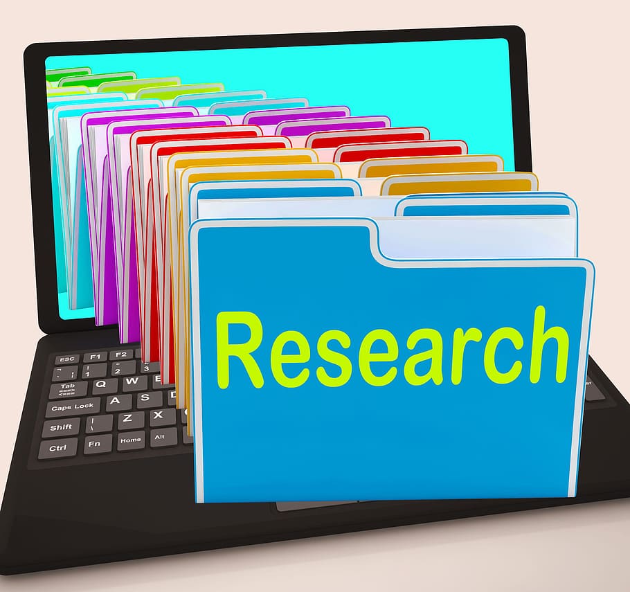 pesquisa, pastas, laptop, significado, investigação, coleta, dados, análise, analisar, exame