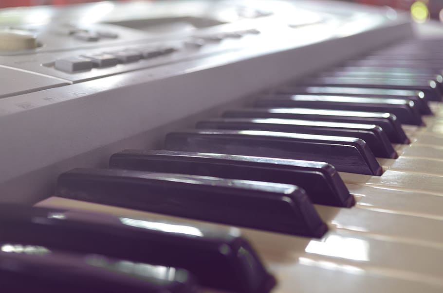 keyboard musik, musik, teknologi, peralatan musik, alat musik, kunci piano, piano, close-up, di dalam ruangan, fokus selektif