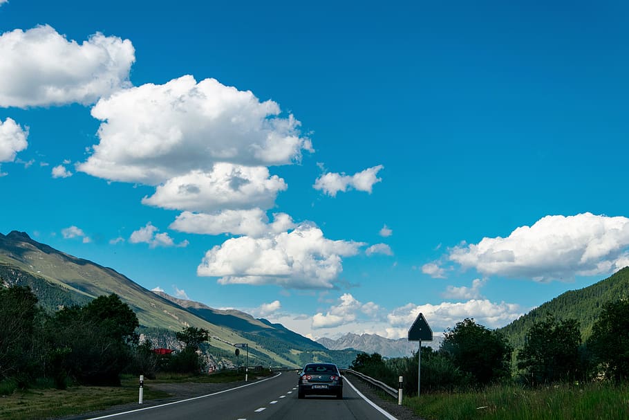 road, switzerland, landscape, clouds, nature, transportation, sky, car, cloud - sky, mode of transportation