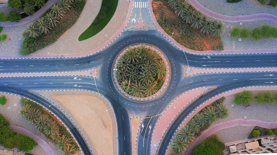 drone, road, desert, roundabout, palm tree, plants, cars, camera, aerial, sand