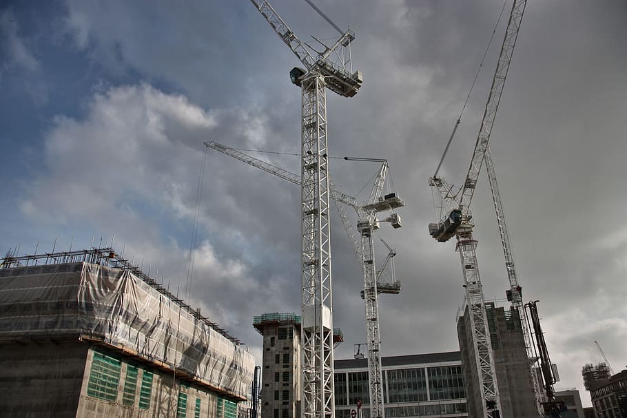 view, cranes, working, construction site, dark, seen, Architecture, Clouds, Construction, Crane