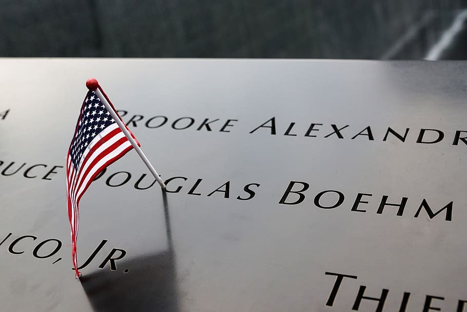 Estados Unidos, Nueva York, bandera, Manhattan, arquitectura, Tafle, fuente, conmemorar, 9 11, World Trade Center