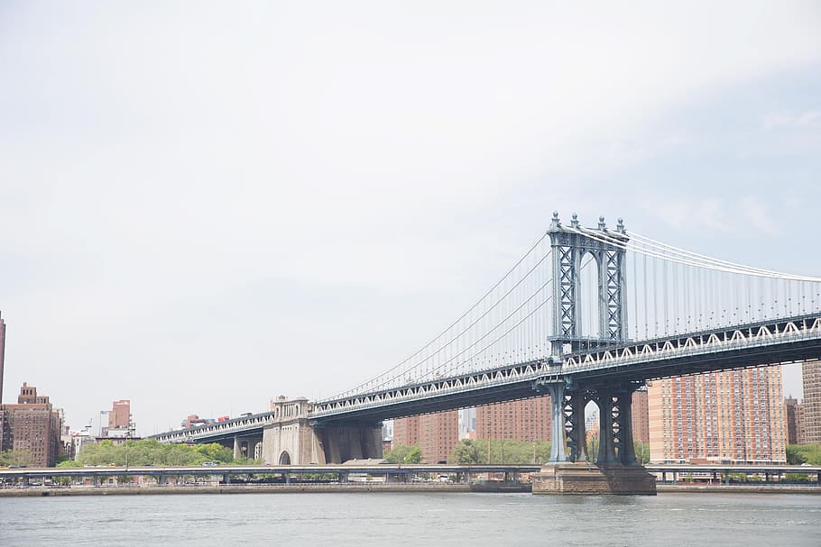 panorâmica, vista, ponte de manhattan, leste, rio, novo, york, américa, arquitetura, azul