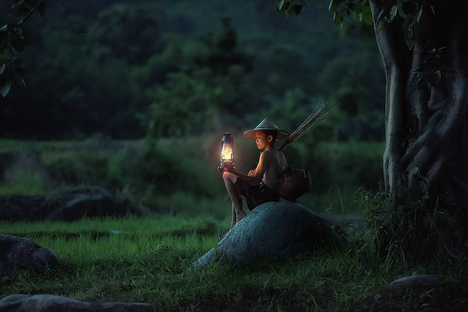 young, boy, lamp, night, field, asia, farmer, green, nature, travel
