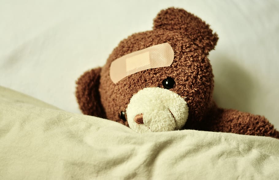 teddy, teddy bear, ill, patch, get well soon, bears, soft toy, stuffed animals, cuddly, furry teddy bear
