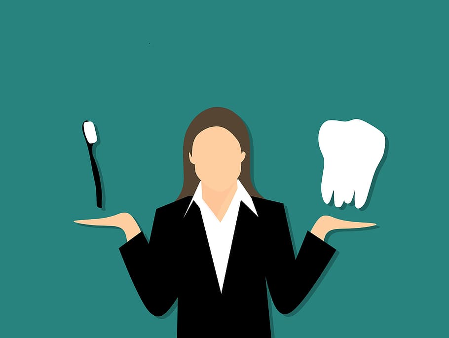 ilustración, cuidado dental -, persona, tenencia, cepillo de dientes, modelo de diente gigante, dentista, diente, mandíbula, mujer