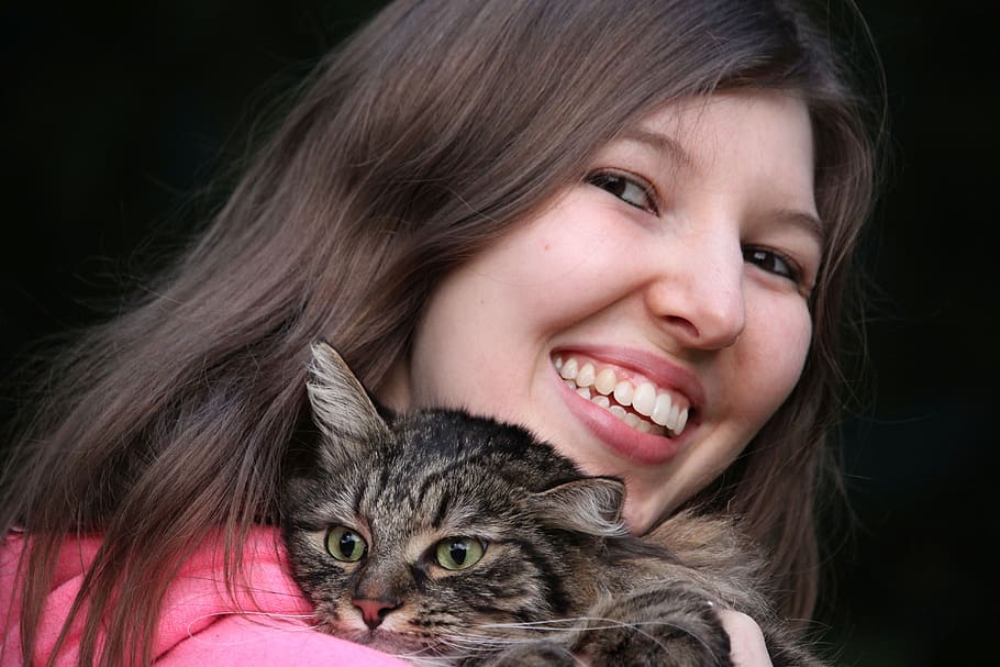 portrait, young woman, cat, face, human, smile, happy, female, looking at camera, headshot