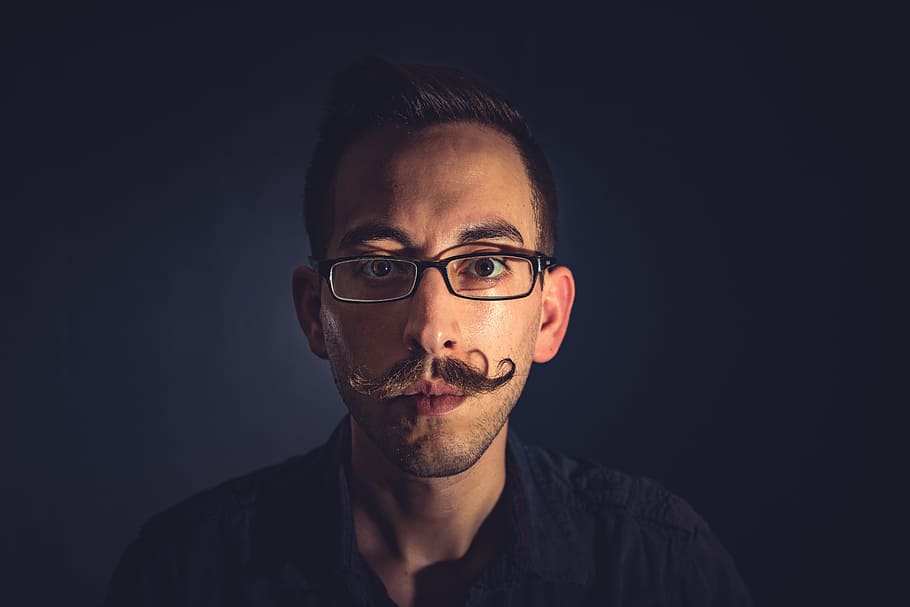 mustache, male portrait, handlebar, glasses, hipster, face, man, guy, people, grooming