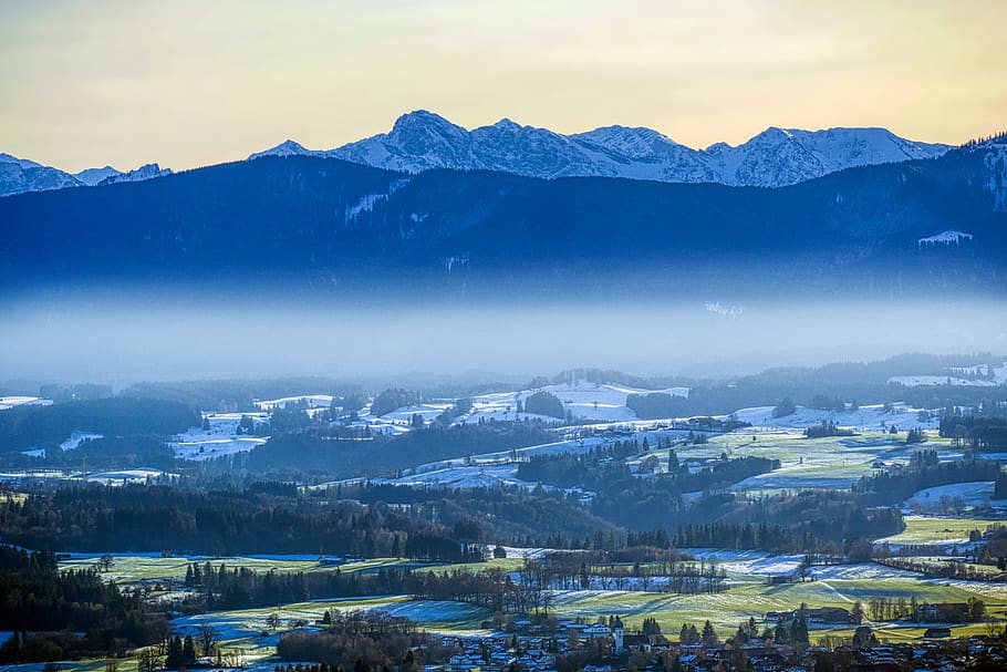 alpine, pegunungan, panorama, alpenblick, pemandangan, alam, puncak, salju, hutan, bavaria