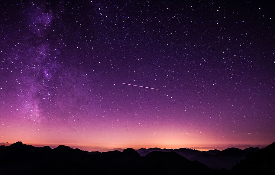 purple, sky, dusk, shooting star, stars, silhouette, galaxy, star - space, scenics - nature, space