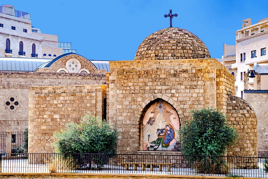 chapel, stone, christian, religion, virgin, jesus, painting, beirut, lebanon, architecture