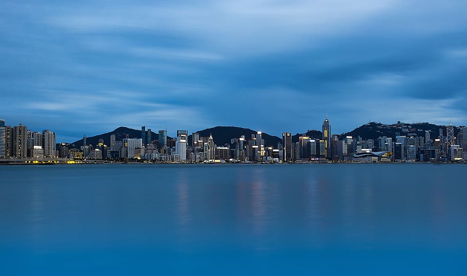 hong kong, kowloon, puerto victoria, en, crepúsculo, naturaleza, vista panorámica, después, panorama, cielo
