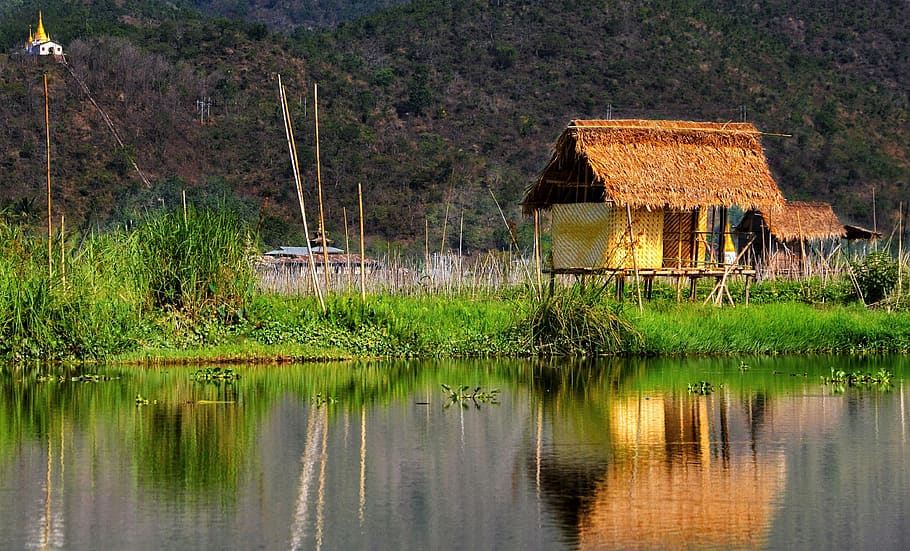 house, stilts, inly, lake, myanmar, water, reflection, nature, temple, mountain