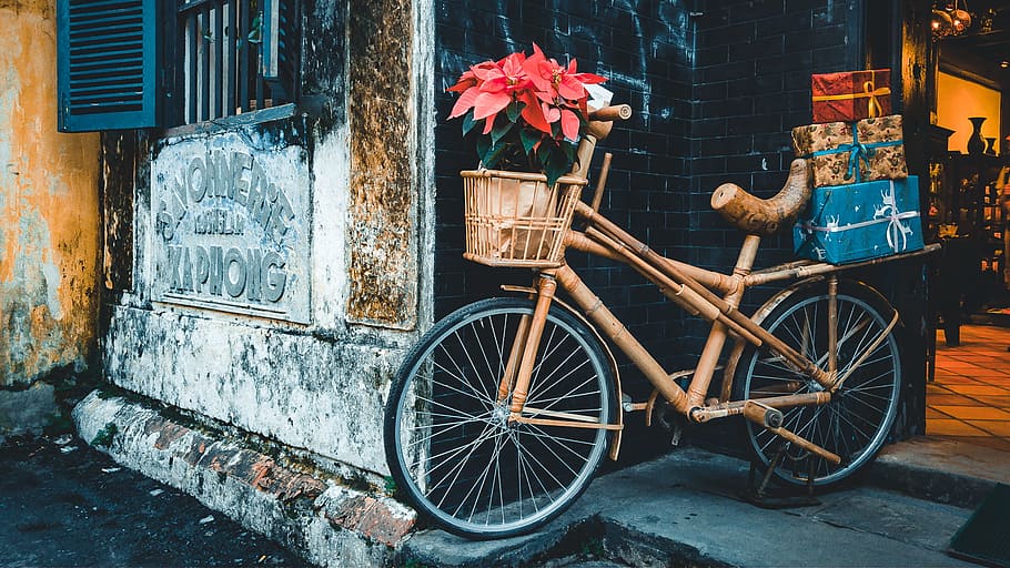 transportasi, sepeda, kayu, bambu, bunga, hadiah, gaya, dekorasi, toko, roda