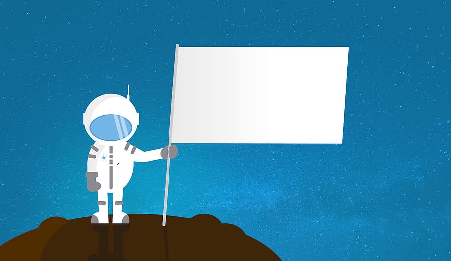 astronauta de desenho animado, exploração, em branco, bandeira, astronauta, desenho animado, terra, lua, espaço, galáxia