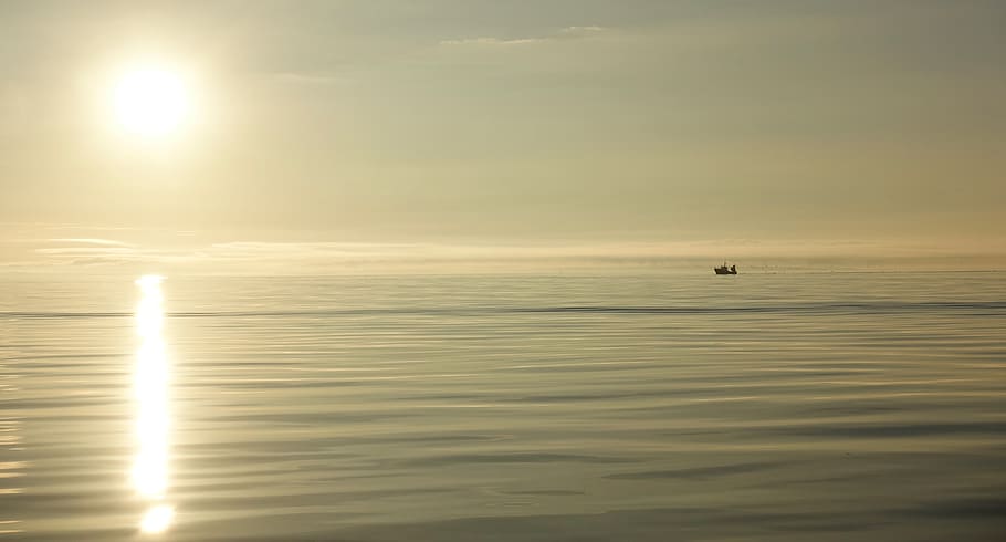 sunrise, dawn, fishing, sea, boat, sun, light, ripple, wave, gold