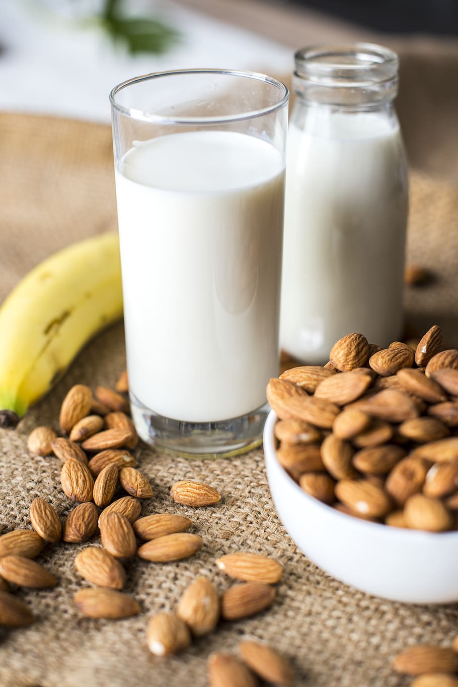 almond, almond milk, banana, bottle, bowl, brown, burlap, closeup, drink, edible