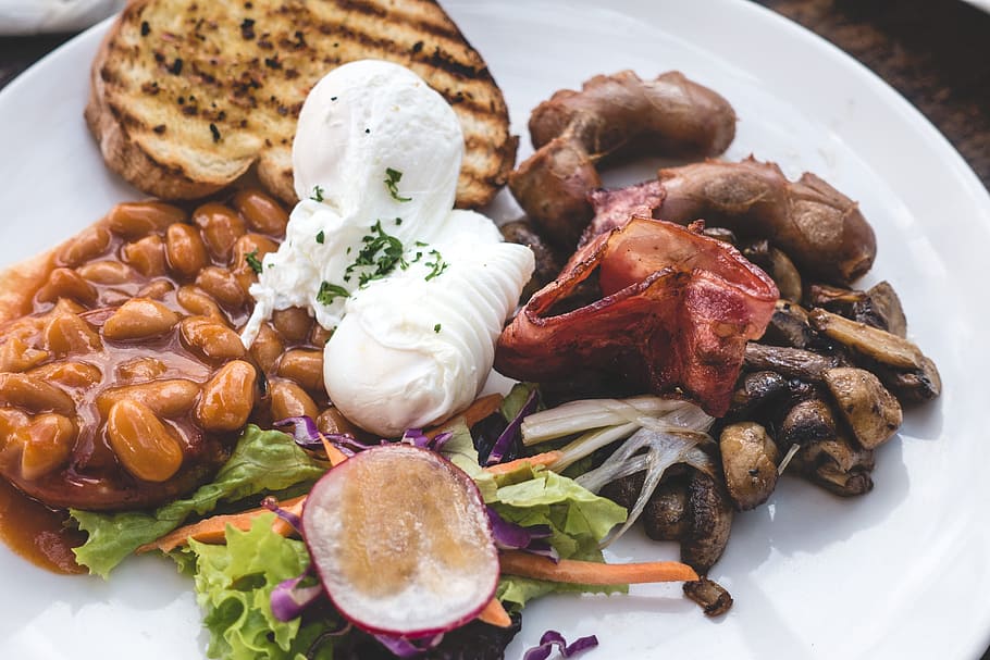 high, protein brunch, poached eggs, beans, bacon, breakfast, brunch, café, close up, coffeeshop