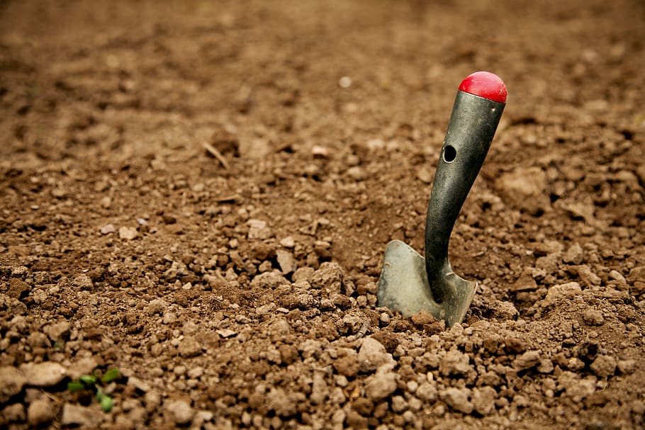 bilah, tanah, sekop tangan, gali, kotor, kotoran, tidak ada orang, peralatan, berkebun, menggali
