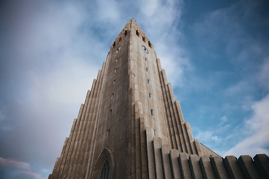 igreja luterana, islândia igreja paroquial, reykjavik, arquitetura, catedral, igreja, relógio, nuvens, construção, cruz