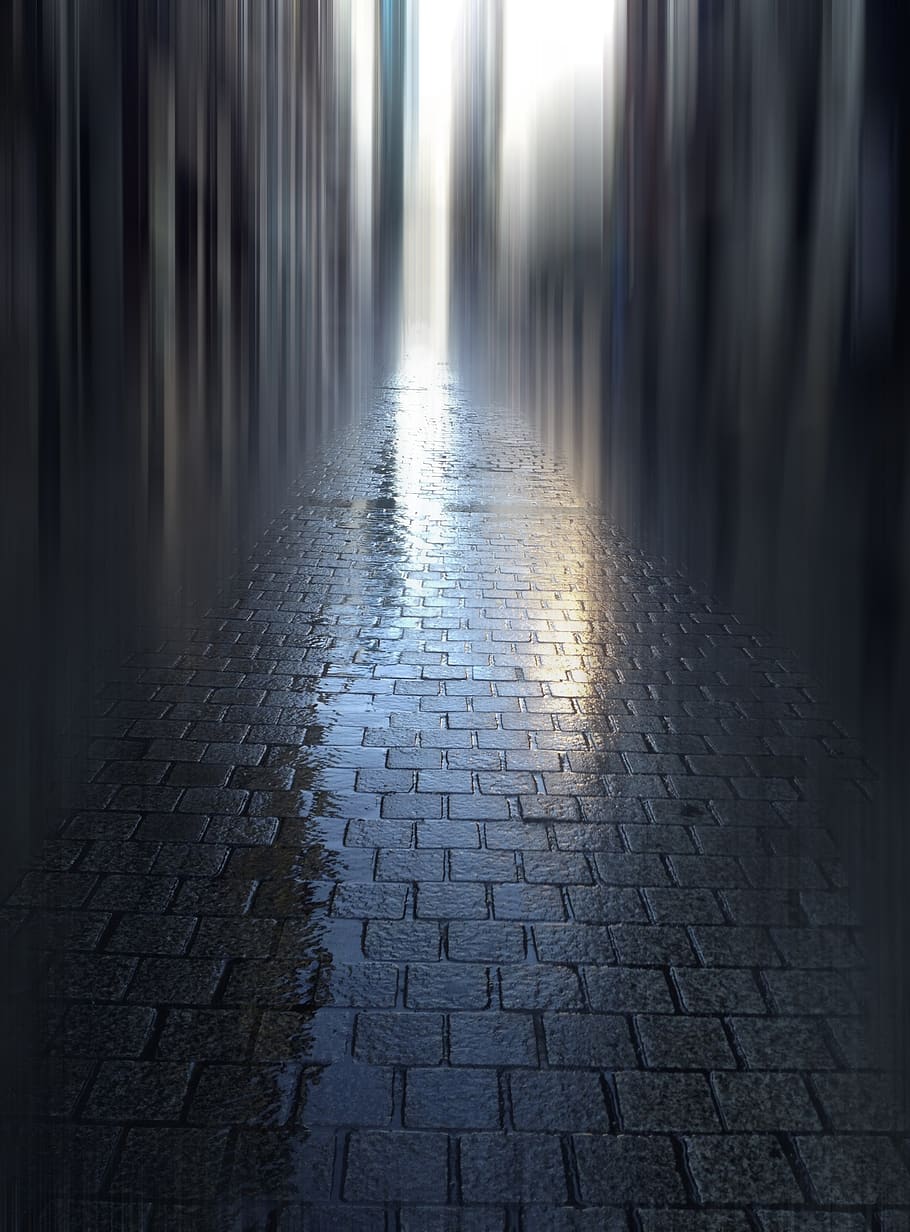 road, morning, paving stones, reflection, mood, architecture, street, city, cobblestone, footpath