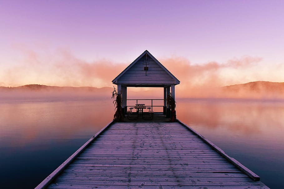 lake, the scenery, canada scenery, pavilion, the morning mist, water, sky, sunset, built structure, architecture