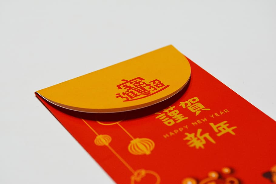 red, new year, chinese new year, red envelope, studio shot, non-western script, indoors, close-up, white background, text