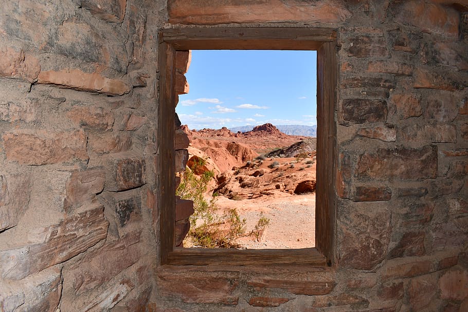 cabins at valley of fire, window view out, mountain view, solid, rock - object, rock, rock formation, sky, travel destinations, nature