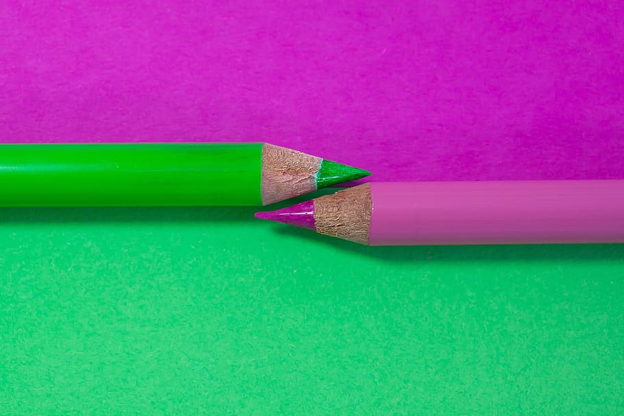 colored pencil, complementary, green, pink, writing implement, character device, colorful, color, mine, lacquered