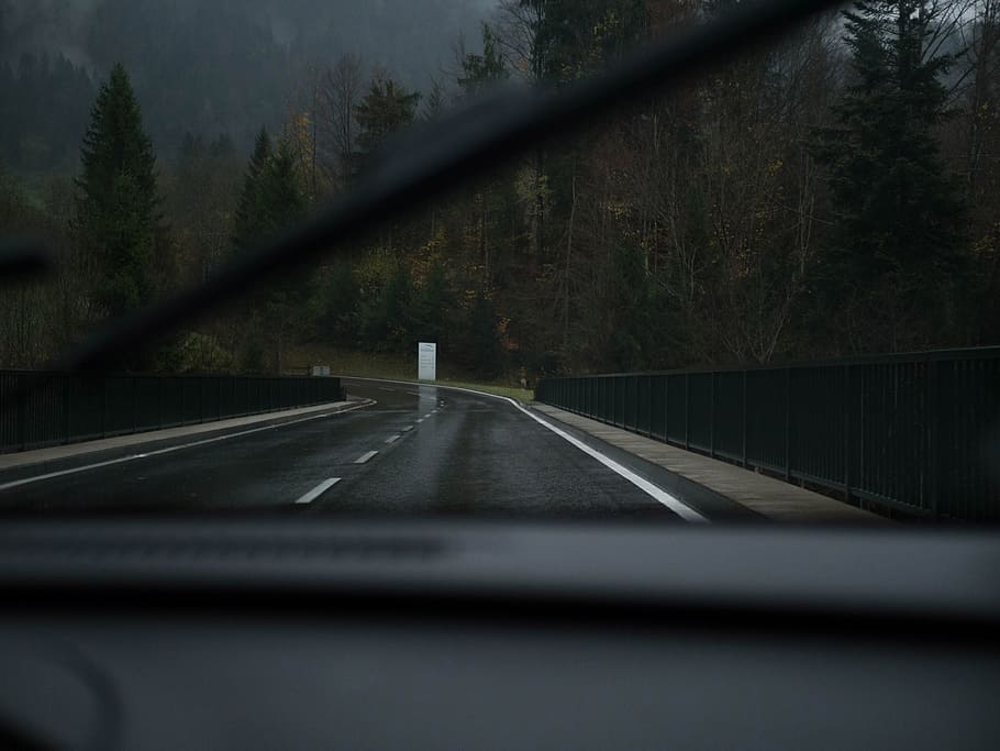 black, bridges, cars, gray, rain, roads, windows, transportation, vehicle interior, car