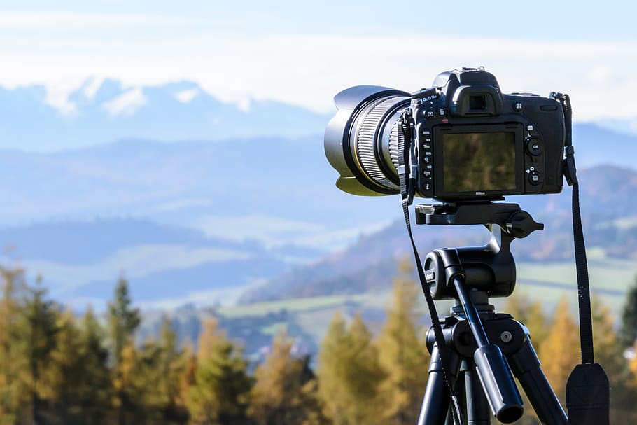 câmera, foto, natureza, paisagem, montanhas, tecnologia, tripé, equipamento, fotos, lente