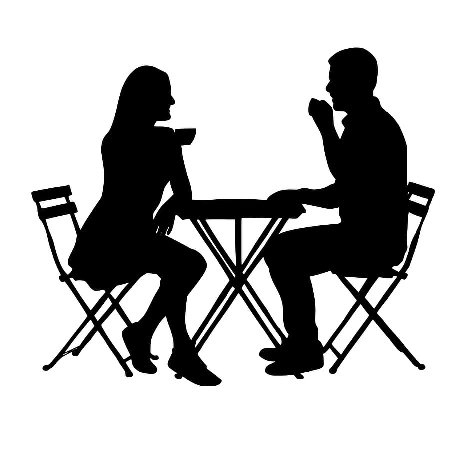 silhueta, casal, café, sentado, mesa, bebida, cadeira, chá, xícara, marido