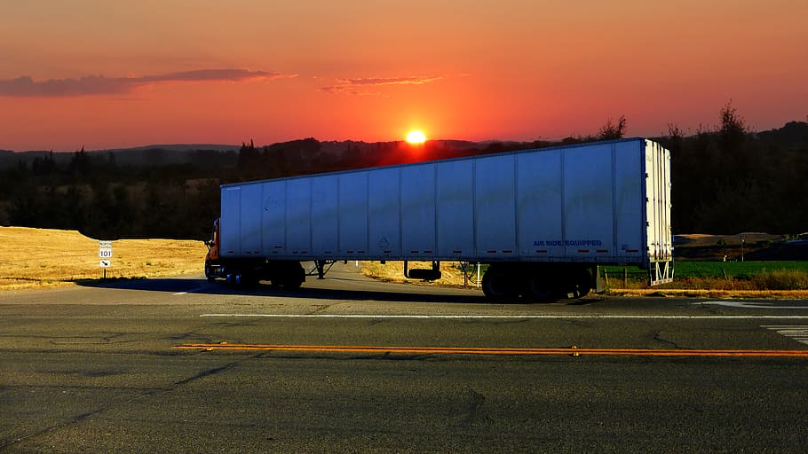 sunset, truck american, transport, traffic, vehicle, trailer, twilight, color, evening, road