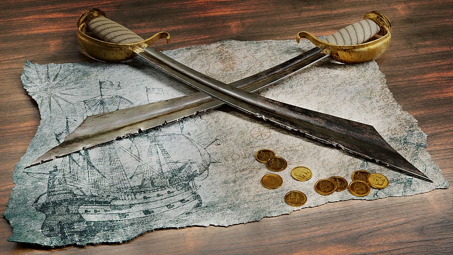 penemuan, latar belakang, peta, pedang, bajak laut, koin, 3d, blender, kayu - bahan, benda mati