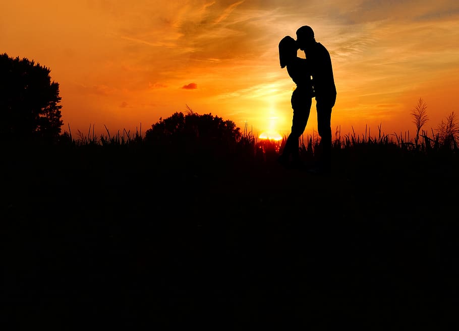 couple, couple kissing, man, woman, romance, love, lovers, sunset, sky, outdoors