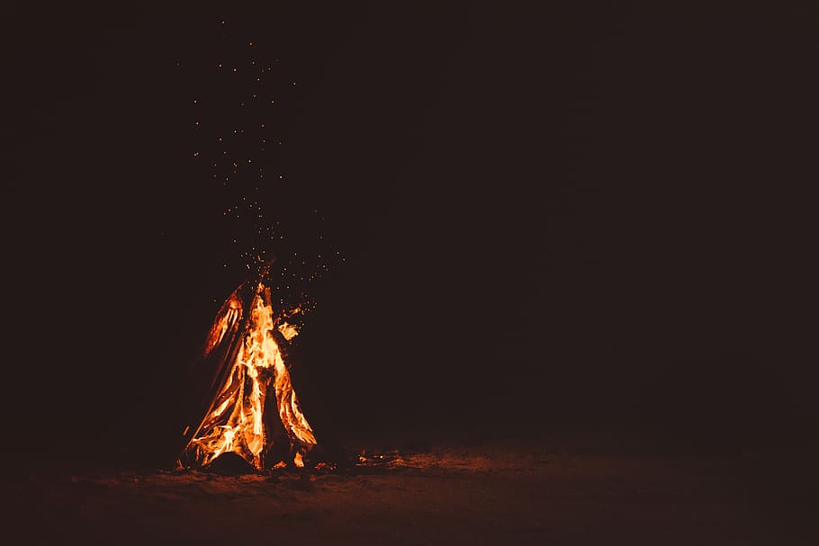 fire, flame, burn, bonfire, campfire, dark, night, beach, burning, fire - natural phenomenon