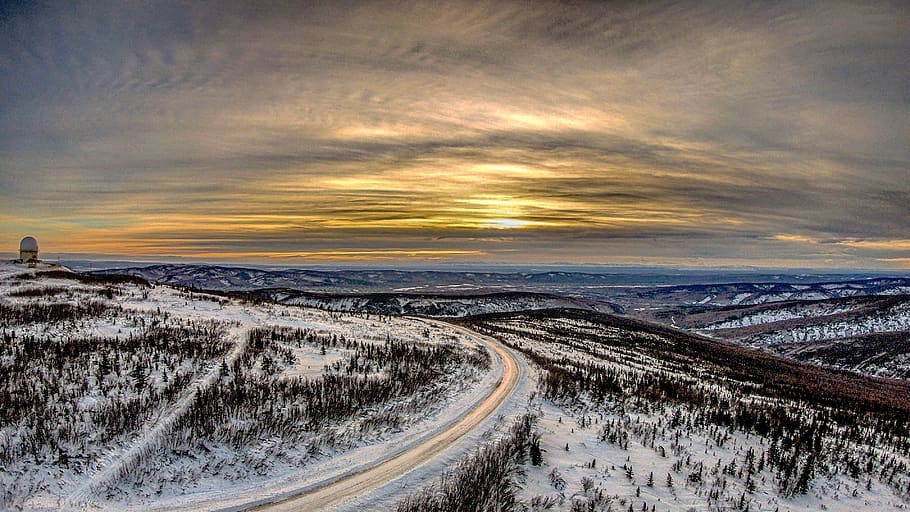 fairbanks, alaska, drones, murphy dome, sunrise, cloud - sky, sky, snow, road, environment