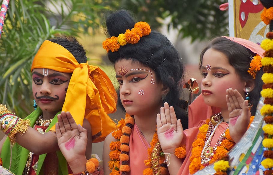 crianças, traje, ramleela, ramayana, ram, sita, kevat, dusshera, grupo de pessoas, celebração