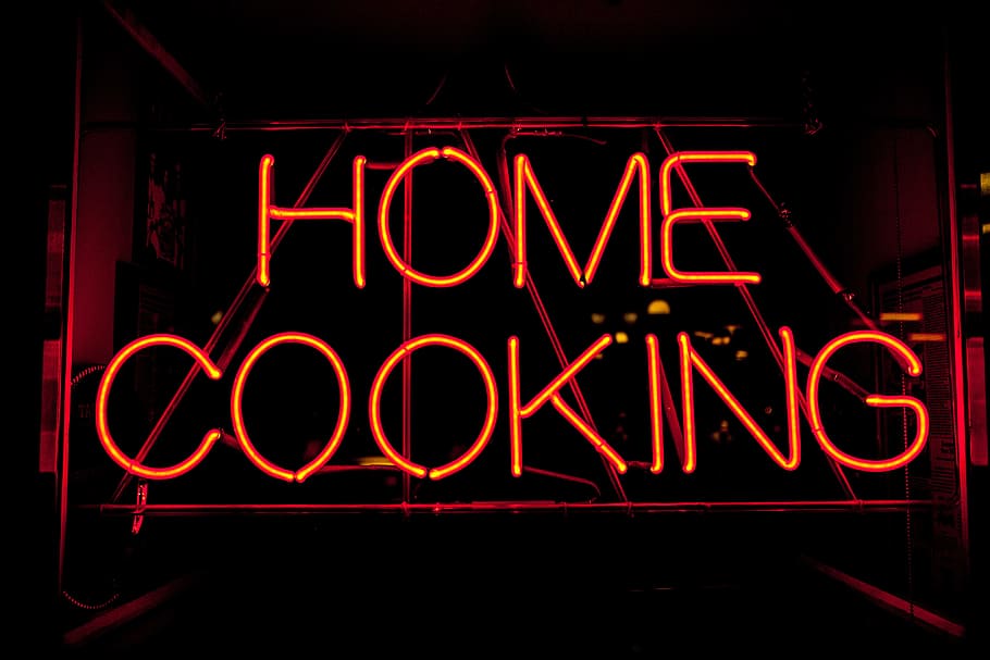 neon, sign, cook, cooking, home, art, design, typography, dark, black