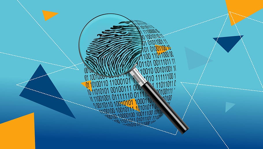 magnifying, glass, digital, id fingerprint, security, analyzing, black close, computer, crime, criminal
