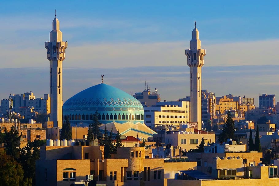 religião, islamismo, arquitetura, viagem, minarete, amã, jordânia, cidade, construção, cúpula