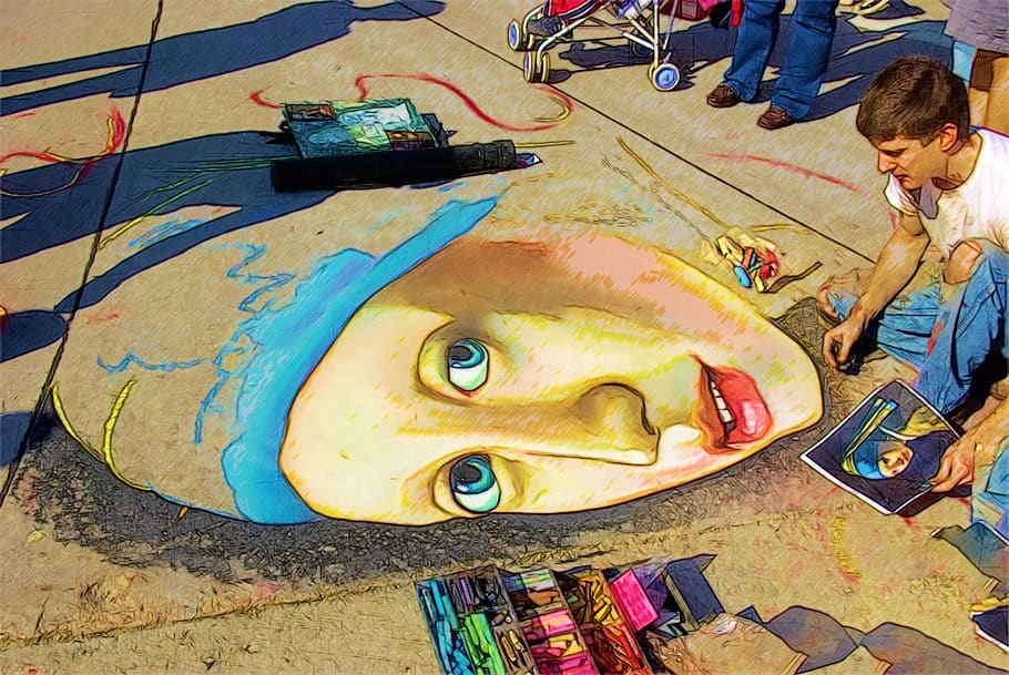 vermeer street art, chalk, girl with a pearl earring, street, art, drawing, color, urban, busking, busker