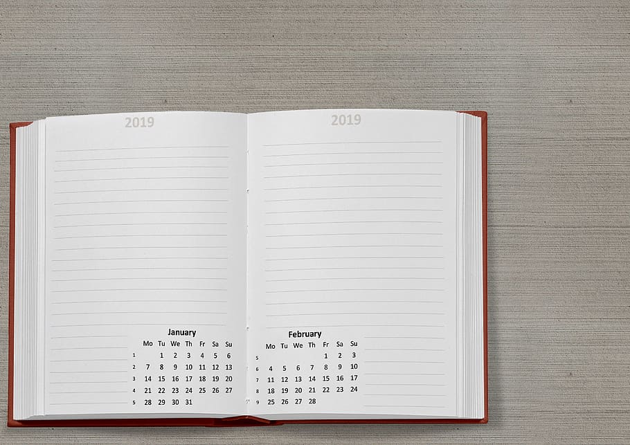 kalender, Book, 2019, tanggal, Januari, Februari, minggu, bulan, meja tulis, Jadwal acara