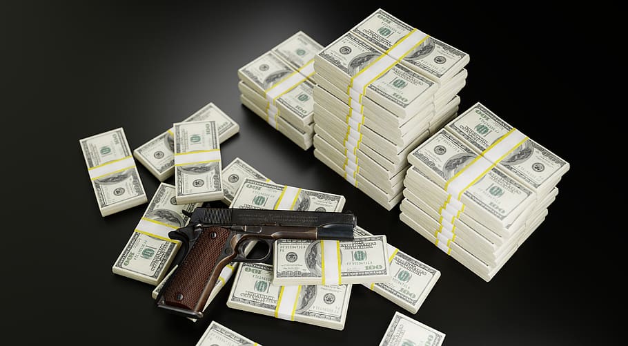 dinero, dólares, pistola, mafia, soborno, sangriento, ganancias, rico, finanzas, negocios