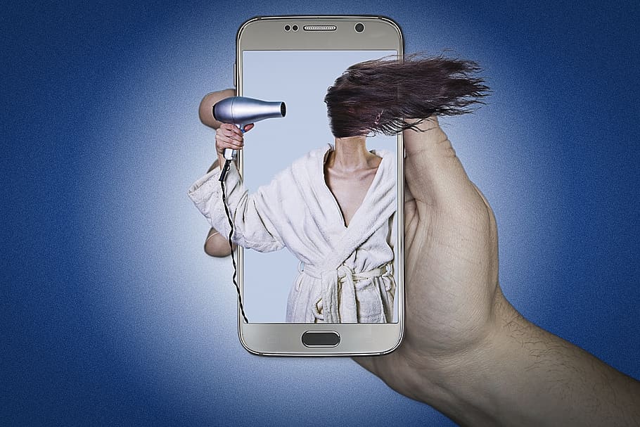 manipulation, hair dryer, woman, phone, technology, wireless technology, one person, adult, communication, connection
