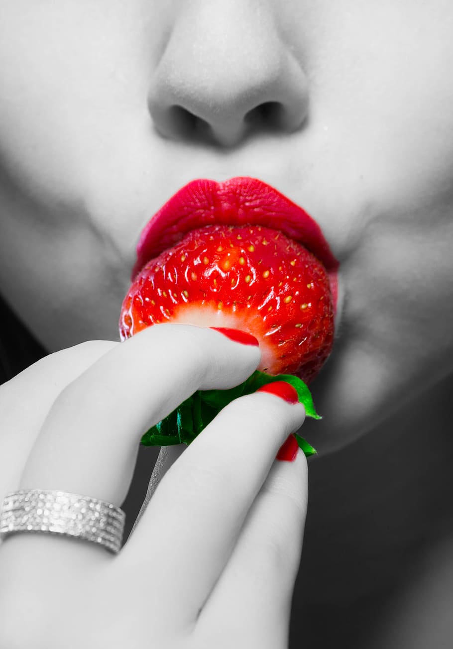 strawberry, juicy berry, lips, berry, sweet, dessert, human body part, red, one person, lipstick