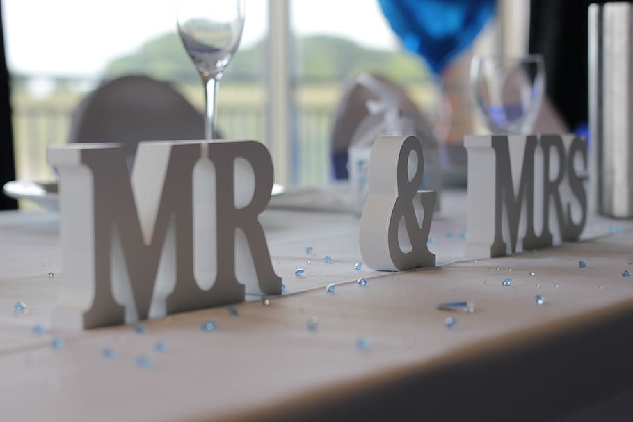 wedding, mr, mrs, bid day, marriage, communication, text, day, table, selective focus