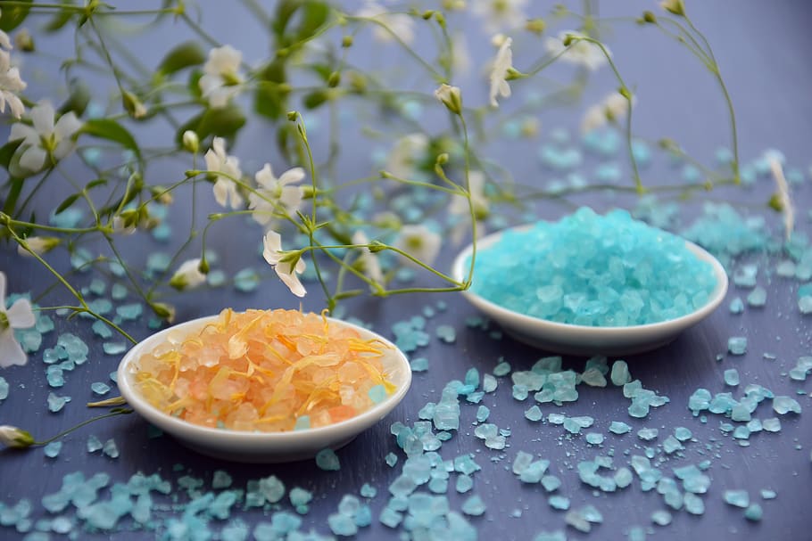 aromatherapy, spa, sea salt, wellness, natural product, therapy, relaxation, blue salt, orange salt, crystals