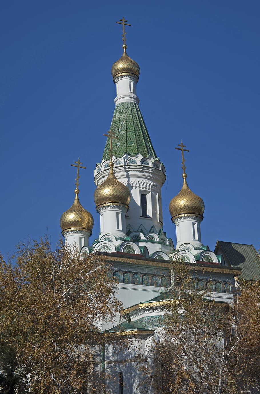 russian church, sofia, bulgaria, onion domes, blue sky, winter, gold domes, crosses, religious, balkans