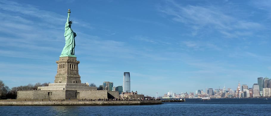 new york, liberty, statue, architecture, sky, built structure, travel destinations, sculpture, water, female likeness